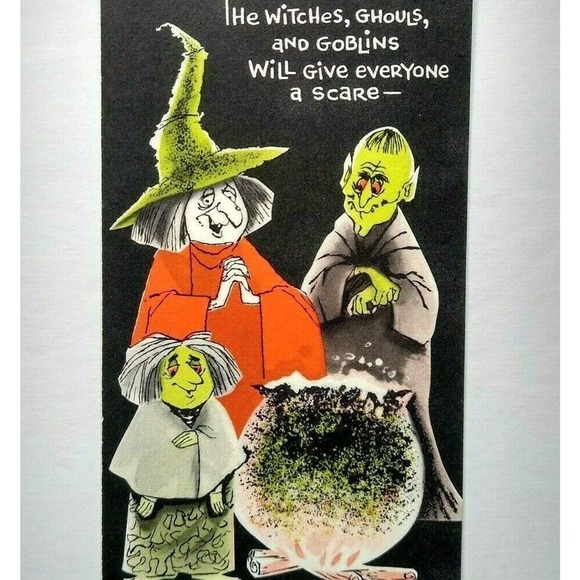 Halloween Greeting Card Vintage Party Invite Green Face Goblins Witch Cauldron - Picture 1 of 6